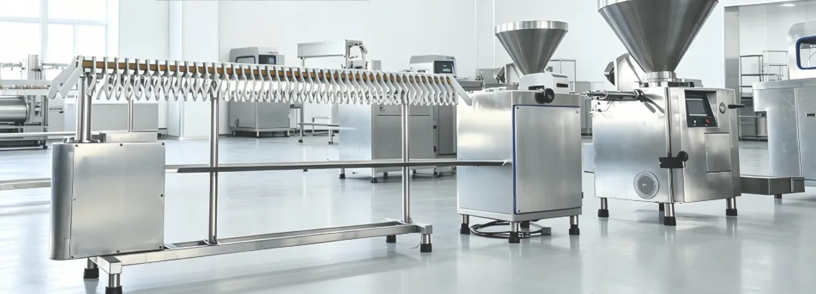 Integrated sausage processing line showing filler and clipping machine in sync